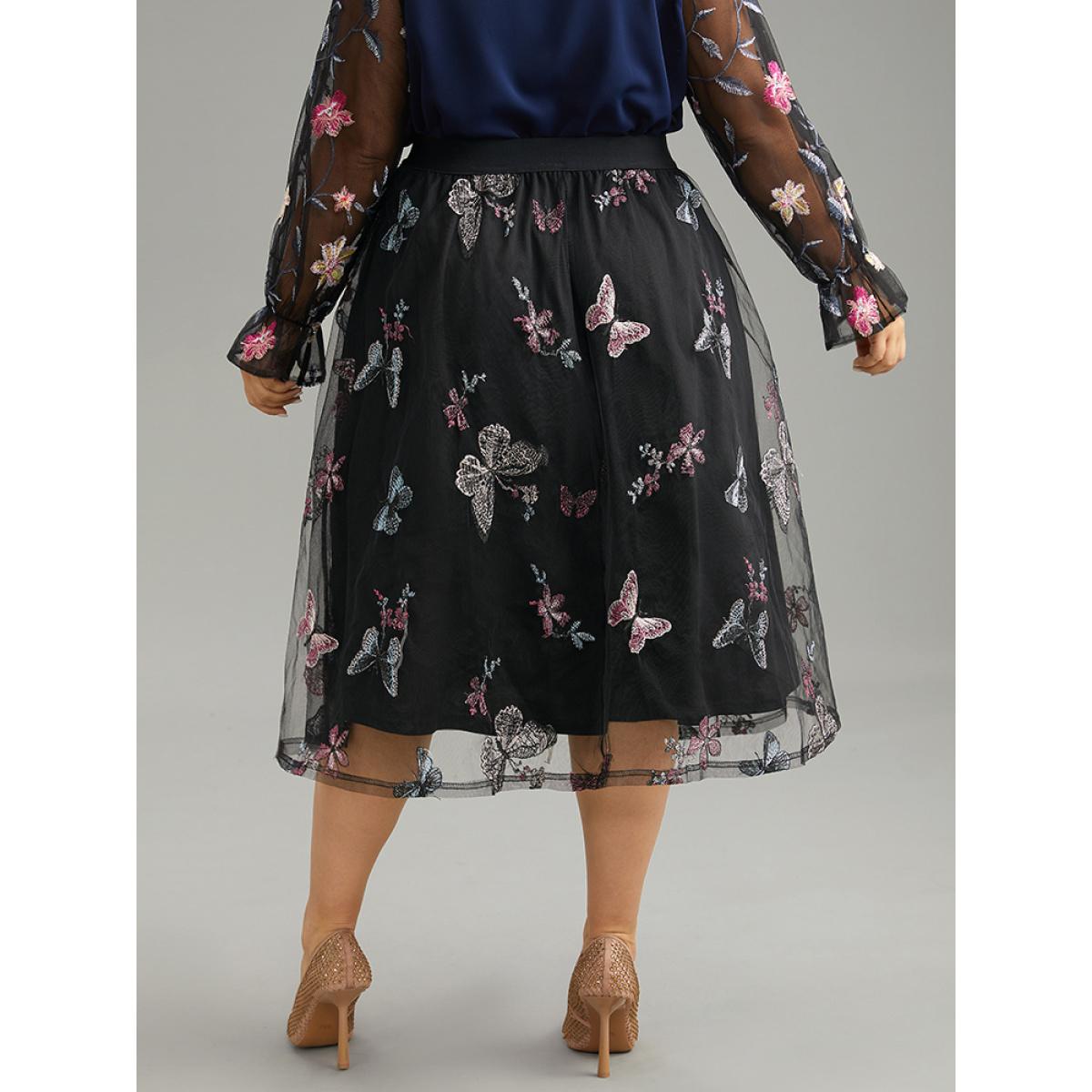 Plus Size Butterfly Embroidered Mesh Elastic Waist Skirt Women Black Party Lace No stretch Pocket Going out Skirts BloomChic 14-16/1X Product Image