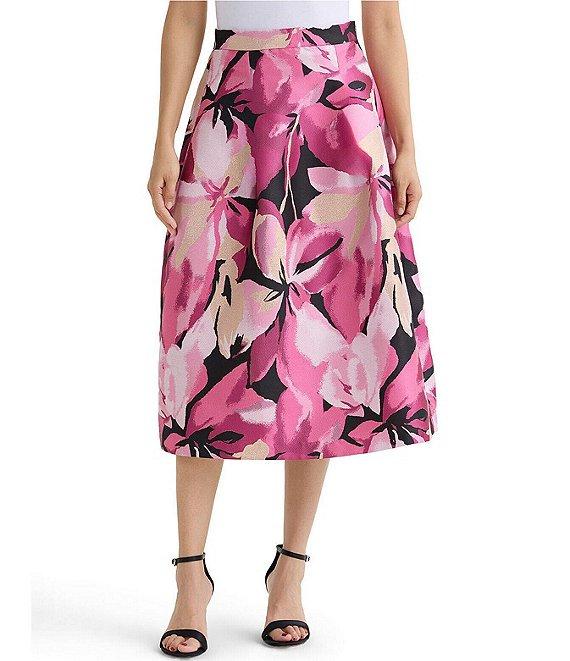 Ming Wang x Family Savvy Coordinating Shimmer Lined Floral Jacquard Flared Midi Skirt Product Image