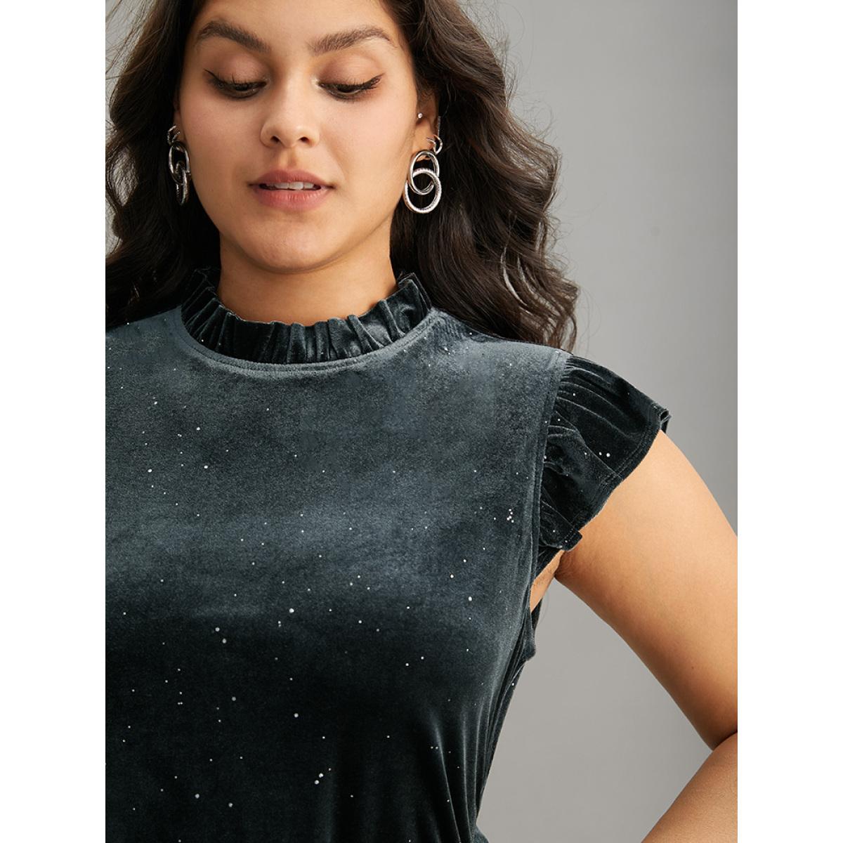 Plus Size Velvet Frill Trim Ruffle Cap Sleeve Tank Top Women Gray Elegant Velvet Mock Neck Dailywear Tank Tops Camis BloomChic 18-20/2X Product Image