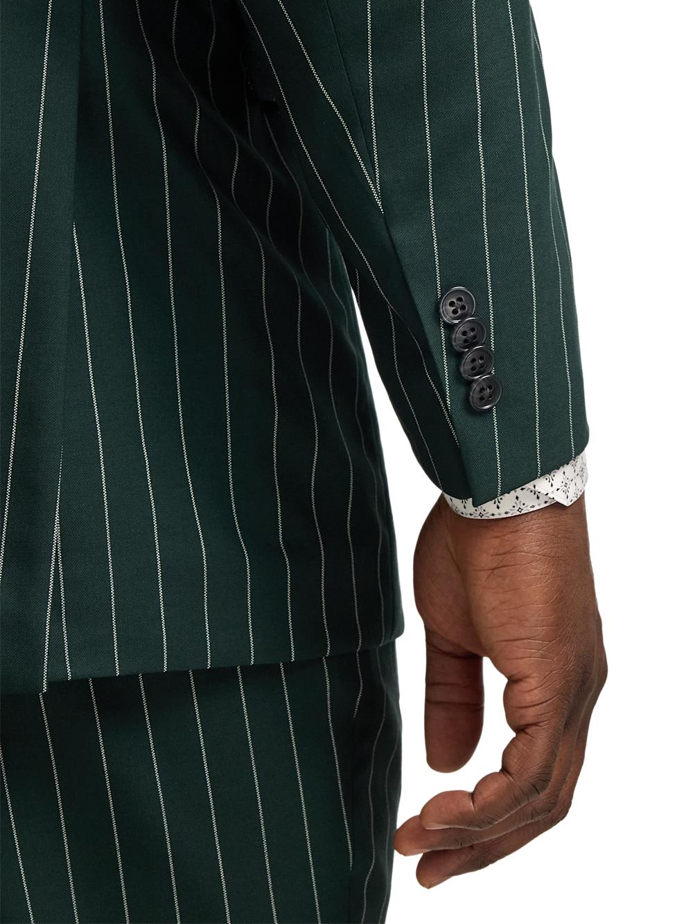 Wool Stretch Stripe Double Breasted Peak Lapel Suit Jacket - Dark Green Product Image