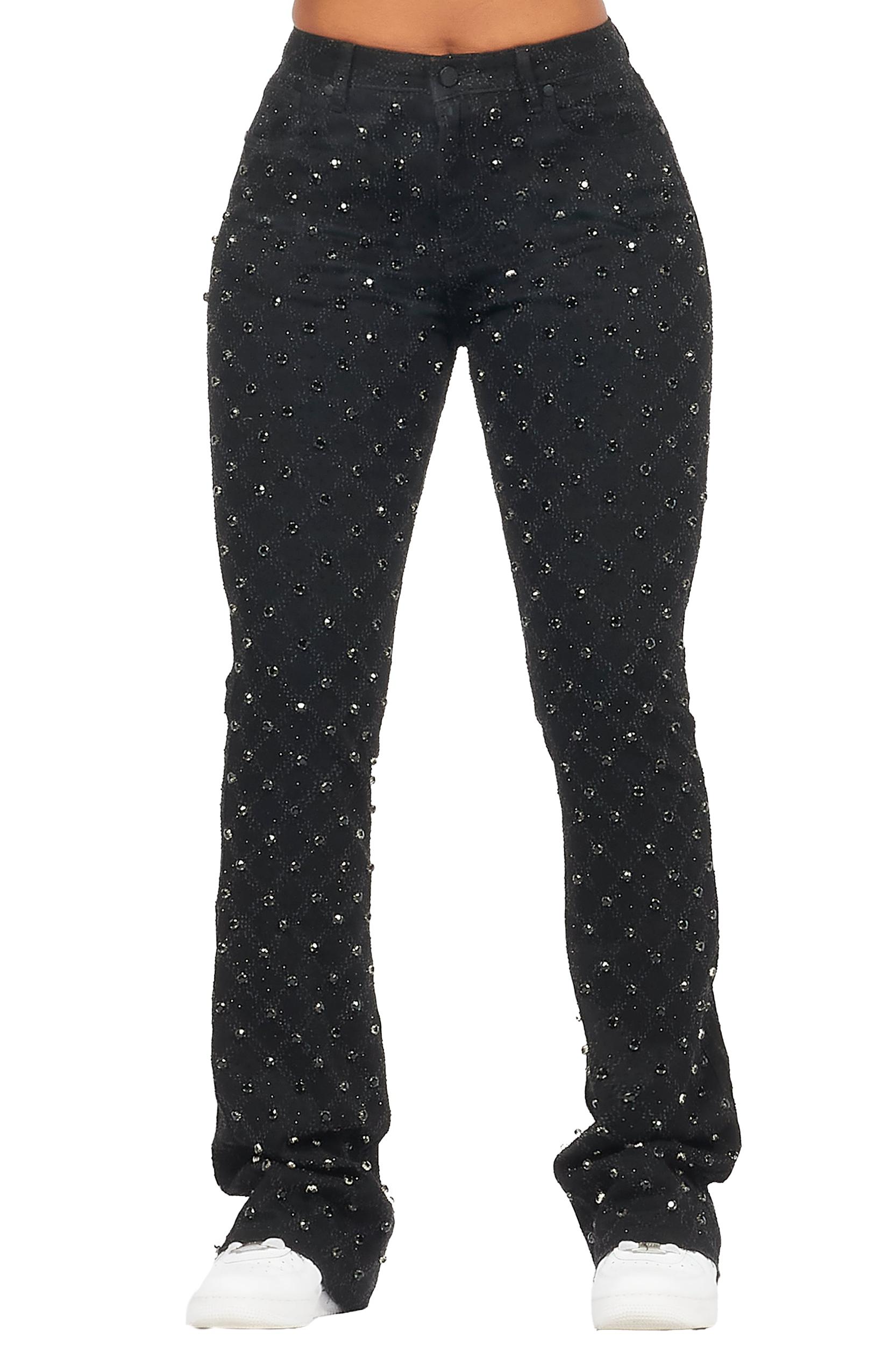 Sareka Black Rhinestone Stacked Flare Jean Female Product Image