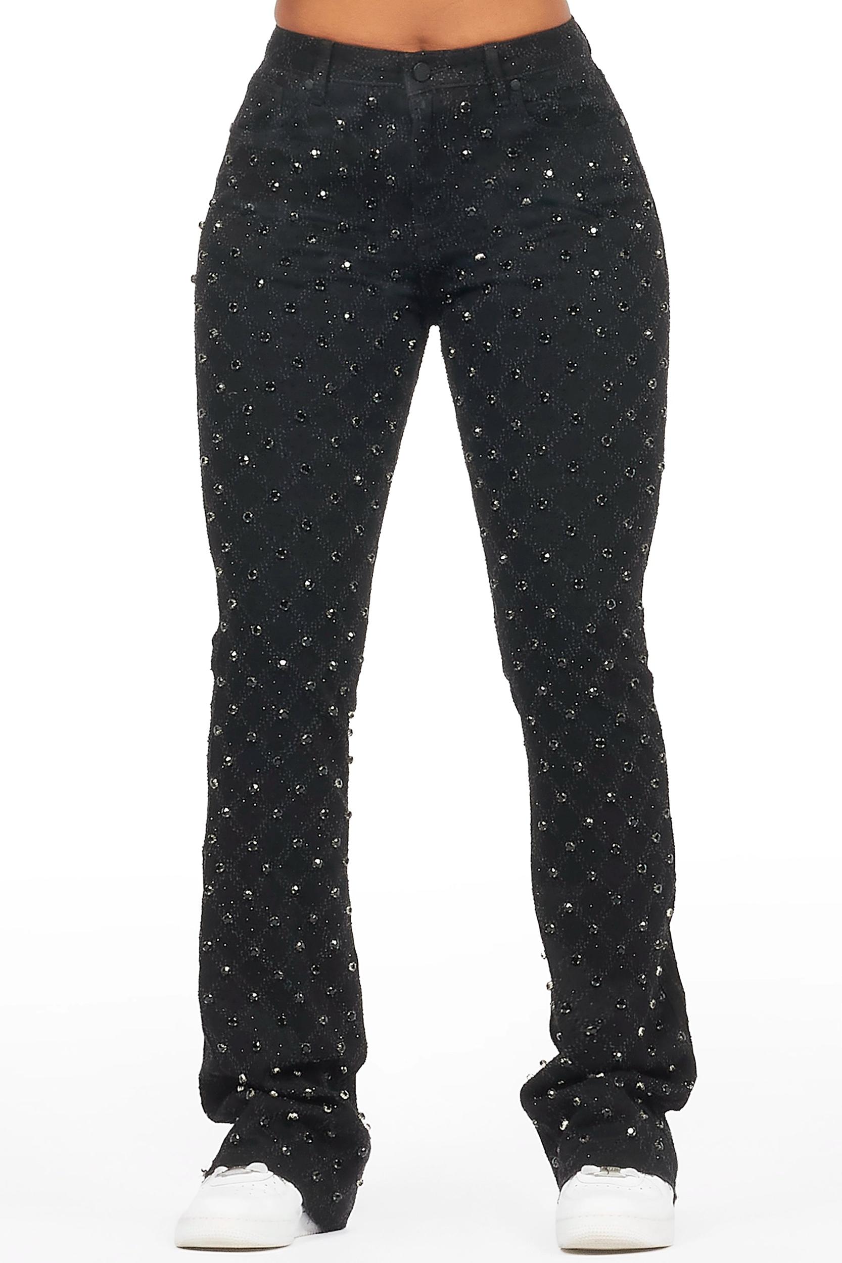 Sareka Black Rhinestone Stacked Flare Jean Female Product Image