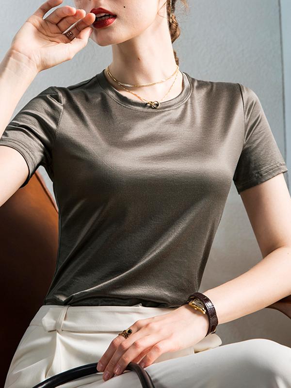 Loose Short Sleeves Shiny Solid Color Round-Neck T-Shirts Tops Product Image