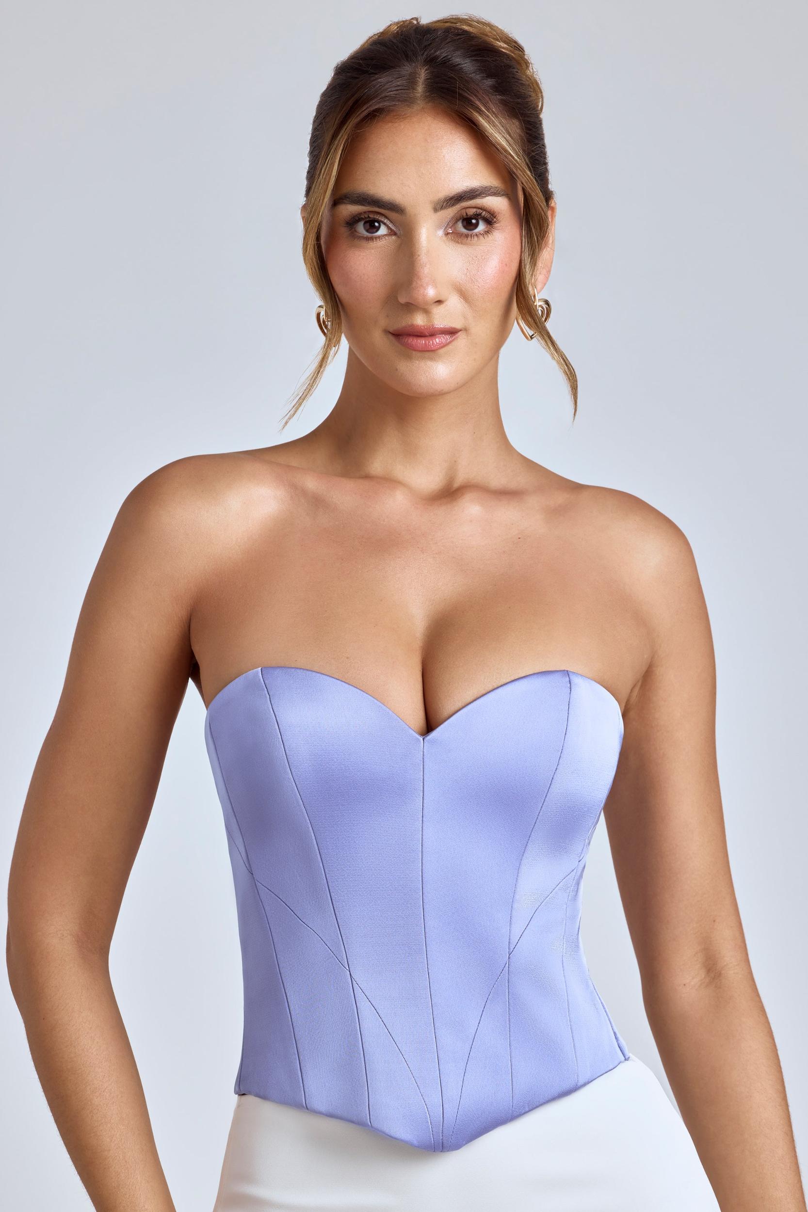 Strapless Lace-Up Satin Corset in Blue Lavender Product Image