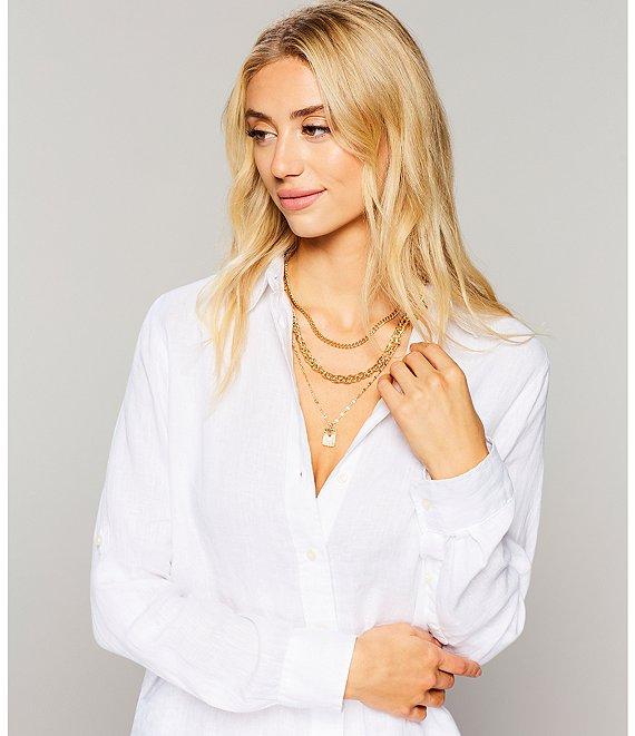 Lauren Ralph Lauren Petite Size Collared Long Sleeve Pleated Cuff Button Front Shirt Product Image