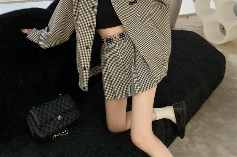 Gingham Contrast Collar Button-Up Shirt Jacket / High Waist Pleated Mini A-Line Skirt Product Image