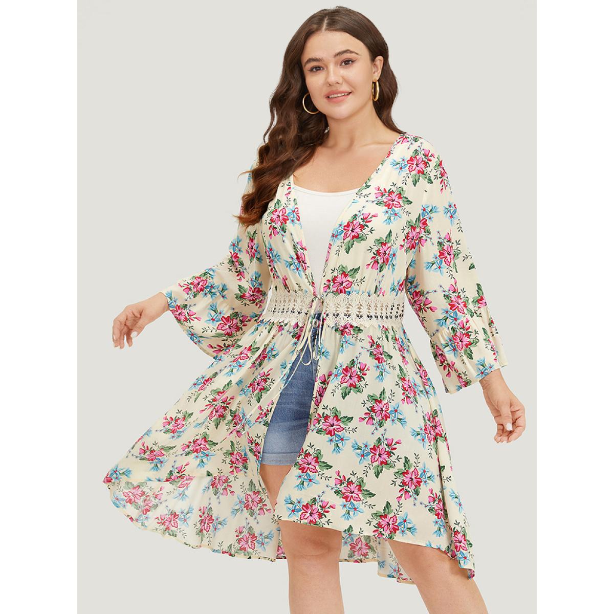 Plus Size Floral Print Open Front Knot Guipure Lace Ruffles Kimono Women Beige Vacation Printed Dailywear Kimonos BloomChic 10/M Product Image