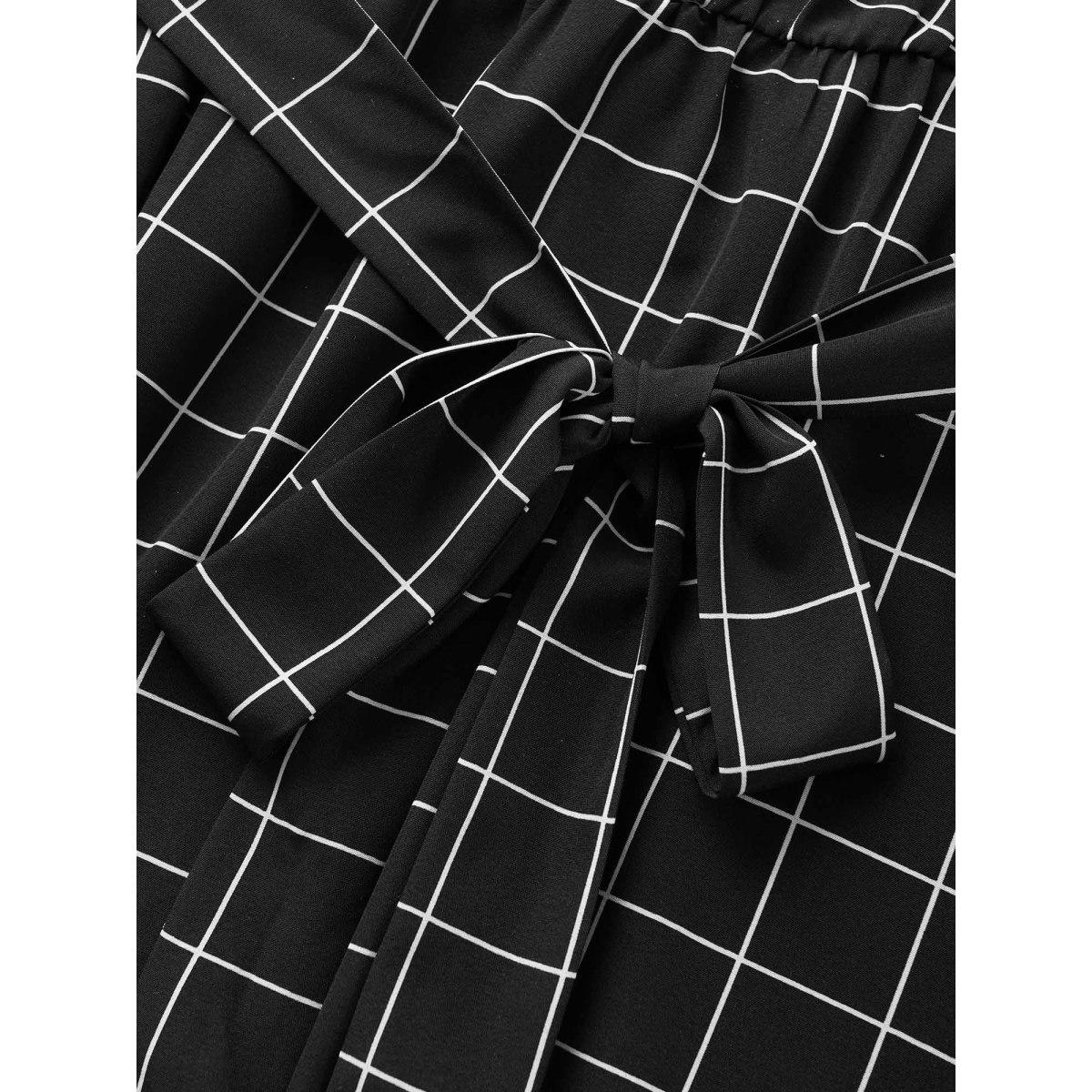 Plus Size Plaid Belted Shirt Collar Cuffed Sleeve Dress Black Women At the Office Non Shirt collar Short sleeve Curvy Midi Dress BloomChic 12/L Product Image