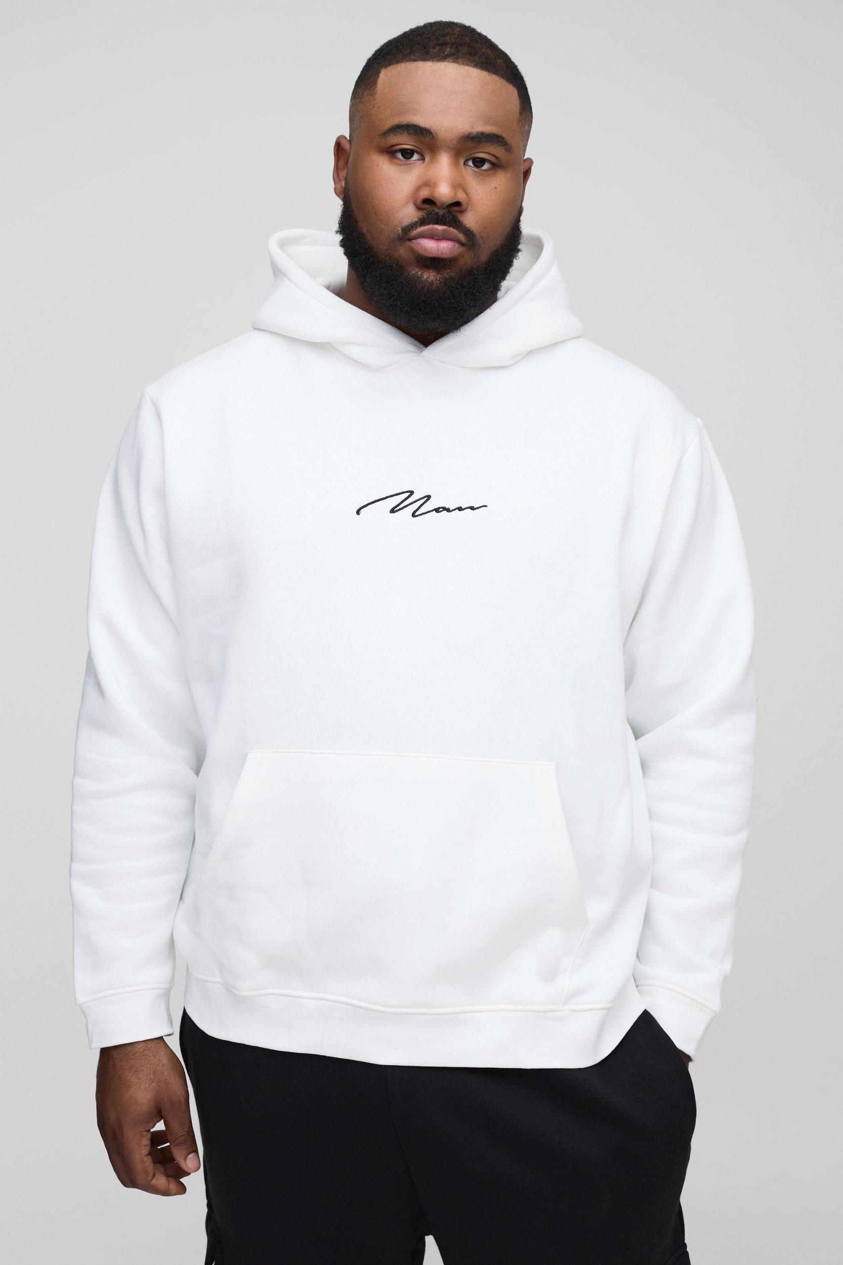 Plus Man Signature Over The Head Hoodie In White | boohooMAN USA Product Image