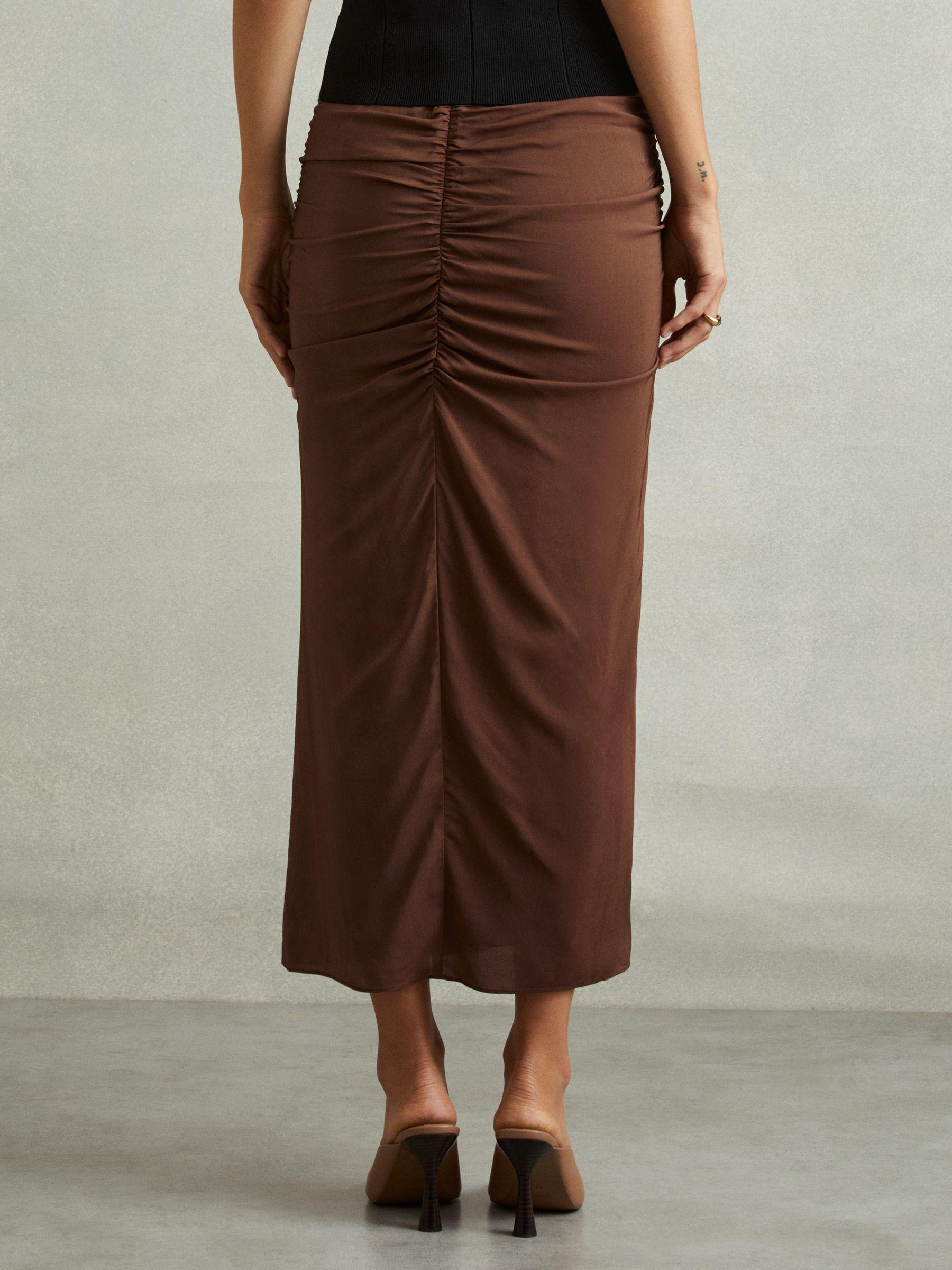 Ruched Front Split Midi Skirt in Chocolate Product Image