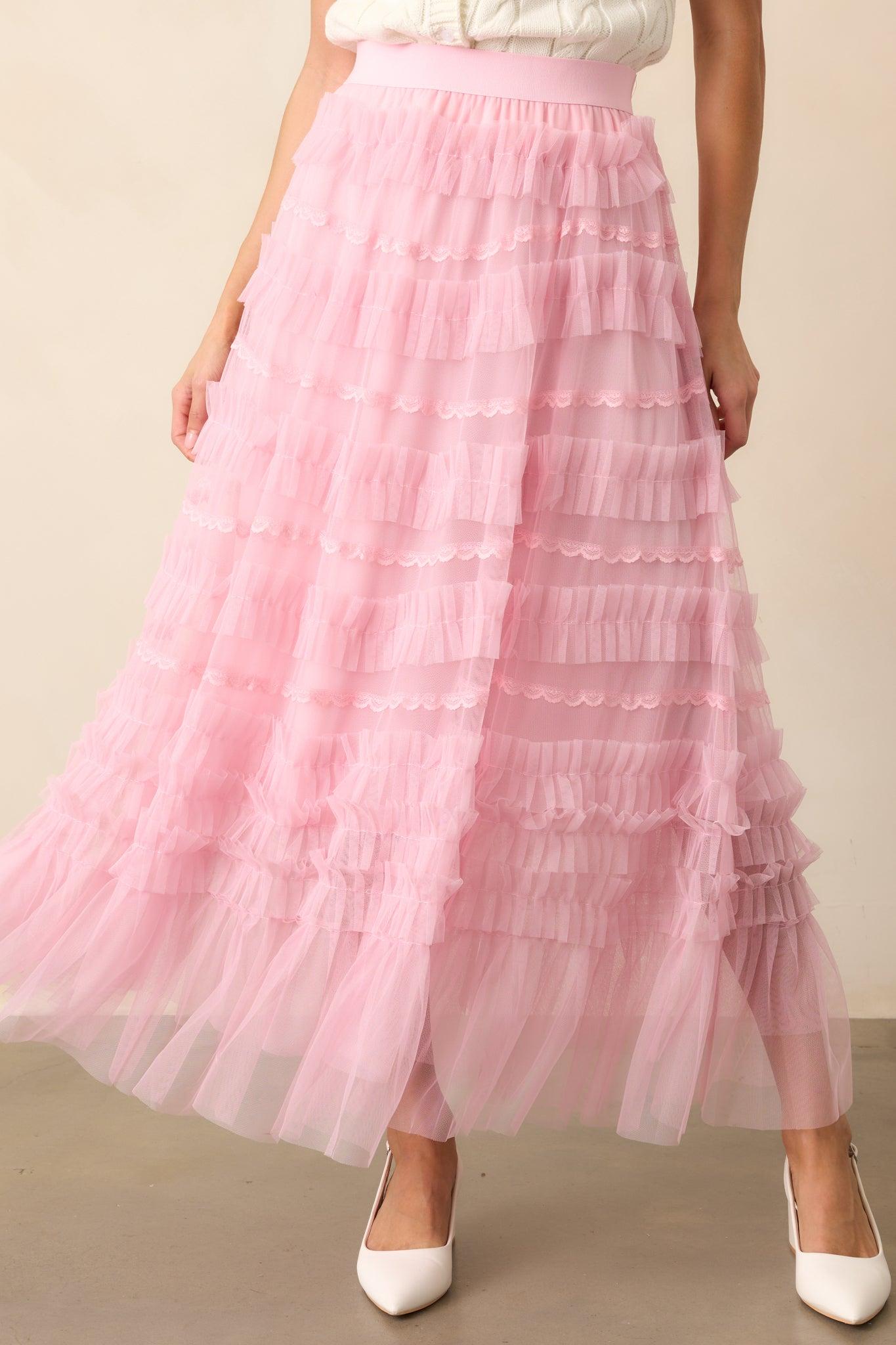 Walk In The Garden Light Pink Ruffle Tulle Midi Skirt Product Image