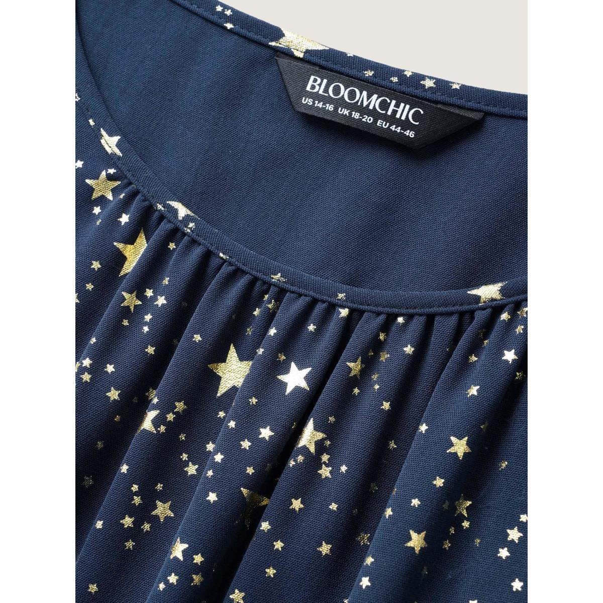Plus Size Glitter Star Split Sleeve Midi Dress DarkBlue Women Timeless Gathered Round Neck Short sleeve Curvy BloomChic 18-20/2X Product Image
