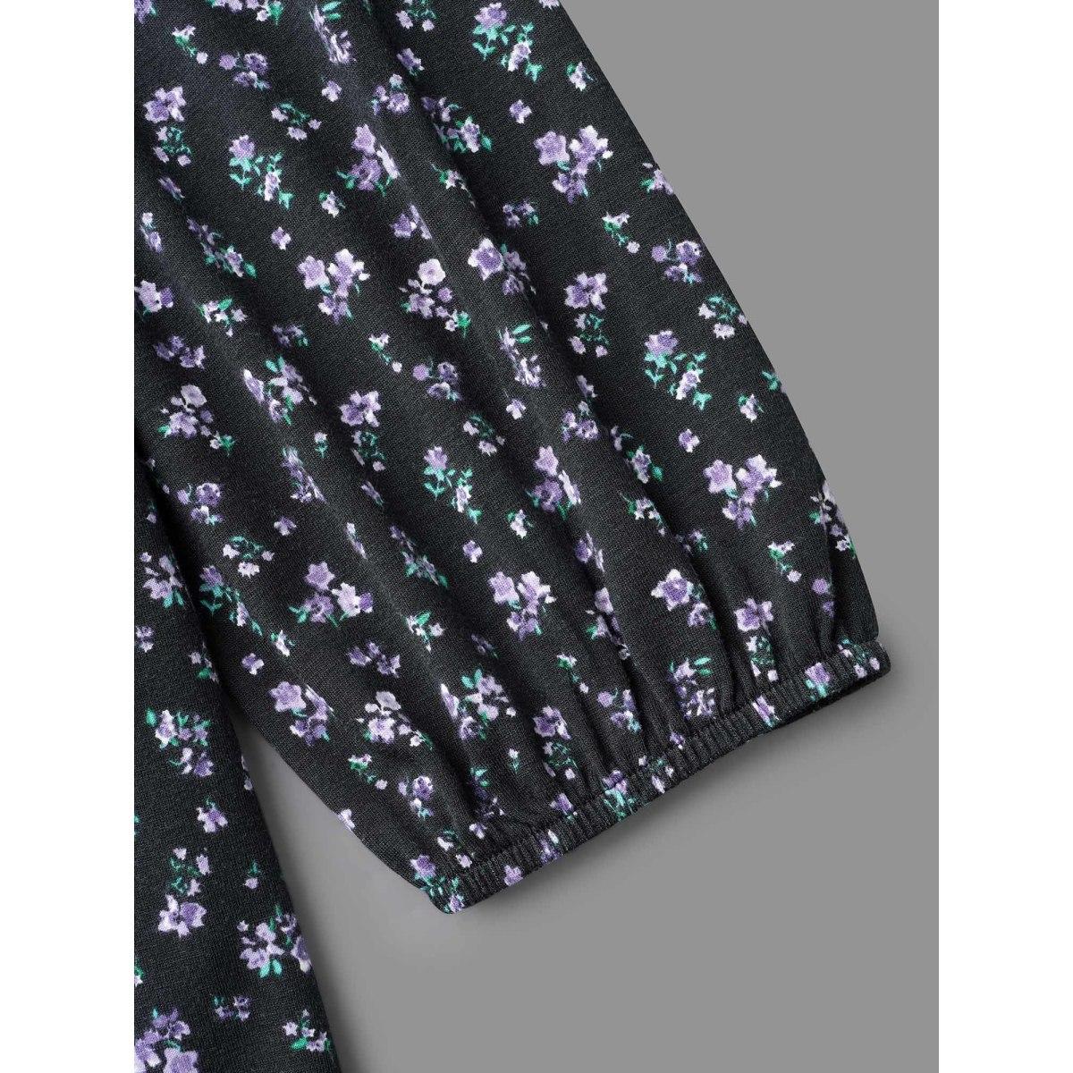 Plus Size Square Neck Ditsy Floral Elastic Waist Dress BlackFlower Women Elegant Non Knit Dresses Bloomchic 14-16/1X Product Image