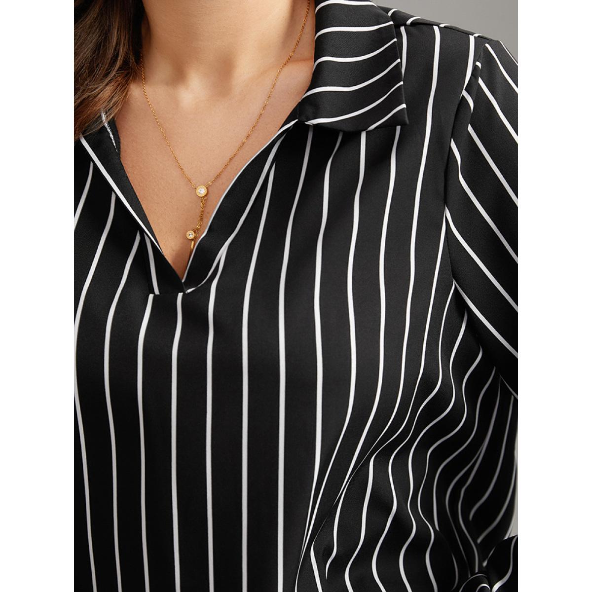 Plus Size Black Striped Shirt Collar Lantern Sleeve Blouse Women Office Long Sleeve Shirt collar Office Blouses BloomChic 30/6X Product Image
