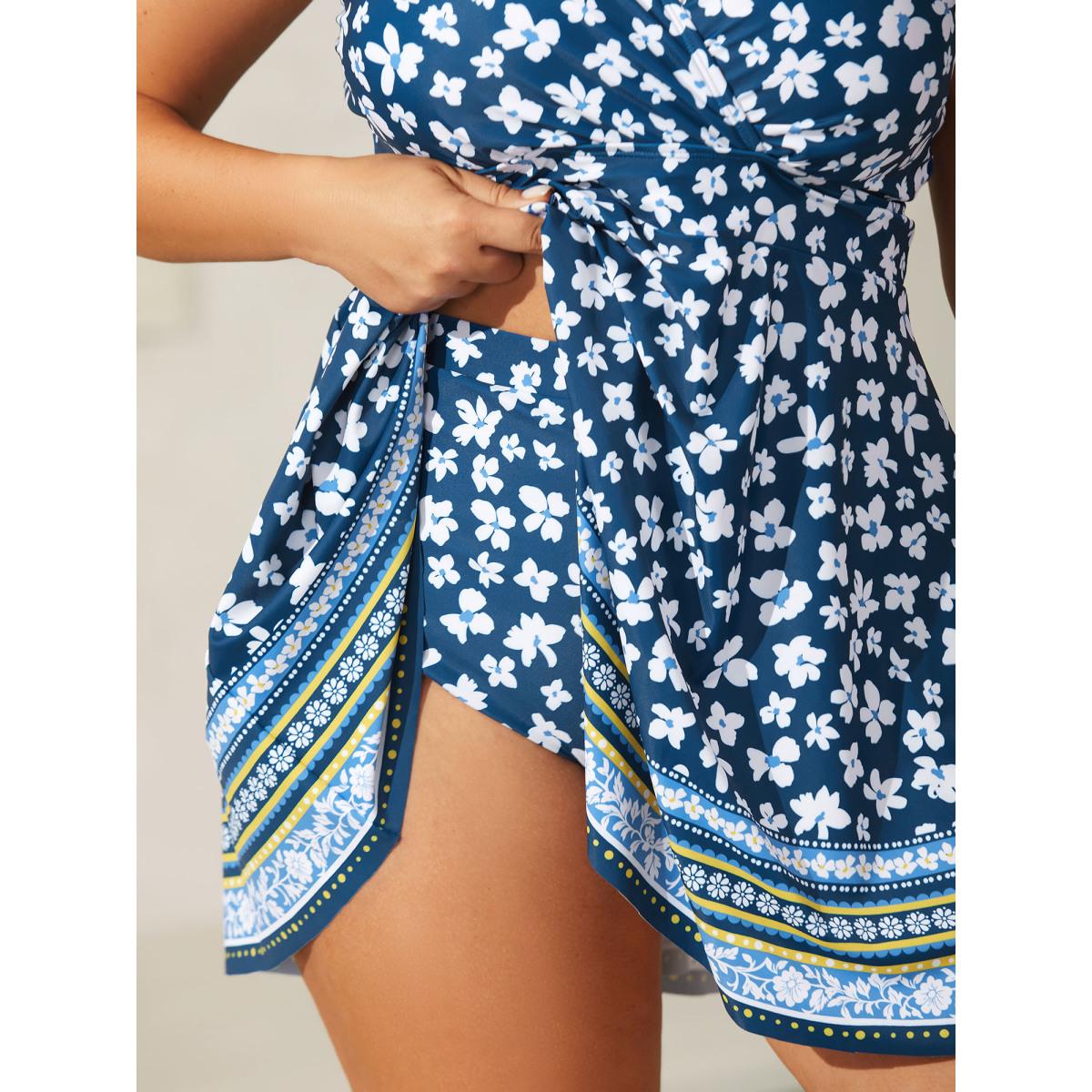 Plus Size Floral Print Contrast Swim Dress Women's Swimwear Indigo Resort Bodycon Overlap Collar High stretch Curve Swim Dresses BloomChic 30/6X Product Image