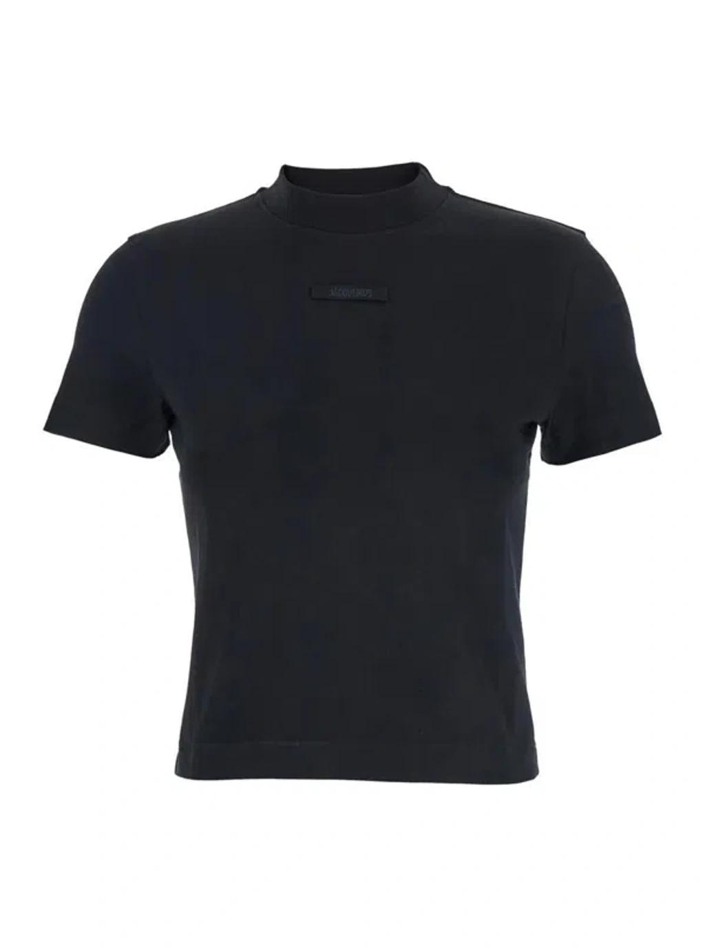 JACQUEMUS Black Fitted T-shirt With Logo Patch In Stretch Cotton Woman Product Image