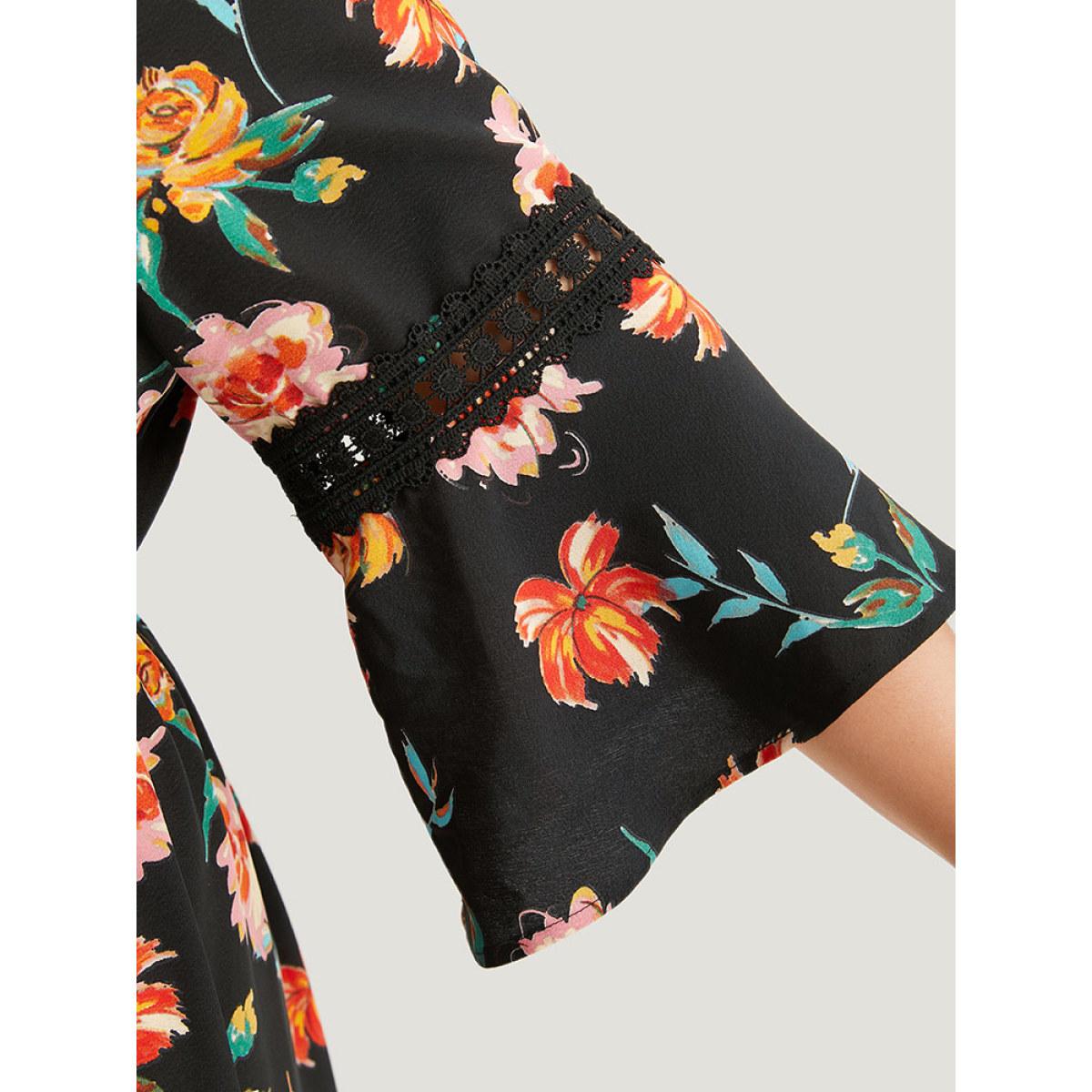 Plus Size Floral Bell Sleeve Pocket Lace Panel Dress Black Women Vacation Printed V-neck Elbow-length sleeve Curvy Midi Dress BloomChic 14-16/1X Product Image