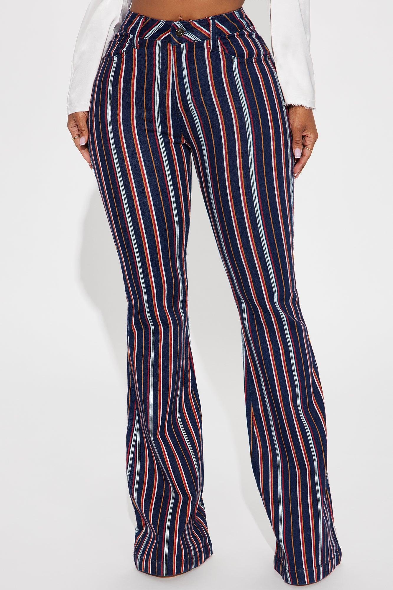 On My Game Striped Stretch Flare Jeans - Black/combo Product Image