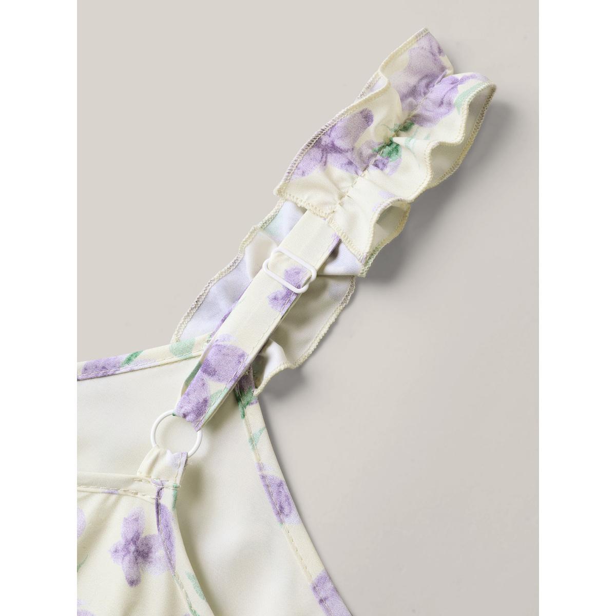 Plus Size Vine Floral Pockets Stretchy Waist Midi Dress Lightyellow Women Elegant Gathered V-neck Sleeveless Curvy BloomChic 12/L Product Image