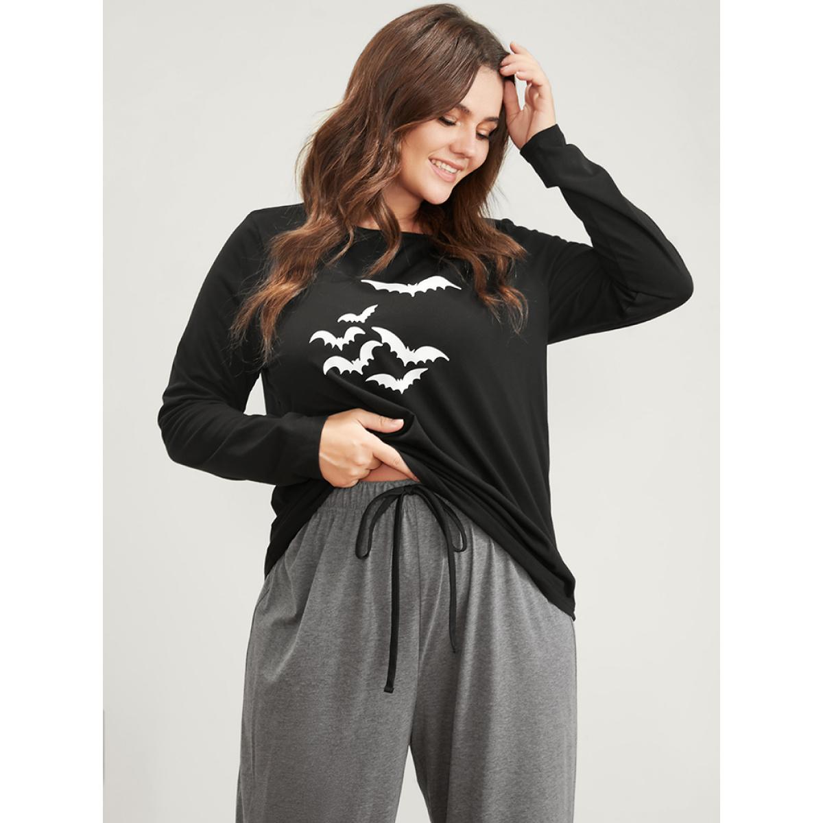 Plus Size Halloween Bat Print Round Neck Pajama Set Women Black Graphic-Halloween Printed Long Sleeve Round Neck Casual Loungewear Sets BloomChic 28/5X Product Image