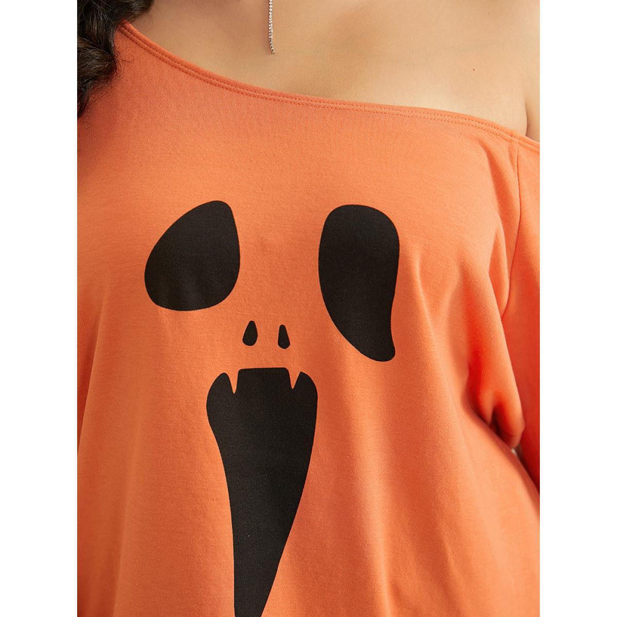 Plus Size Halloween Print One Shoulder Raglan Sleeve Sweatshirt Women OrangeRed Casual Printed Festival-Halloween Sweatshirts BloomChic 14-16/1X Product Image