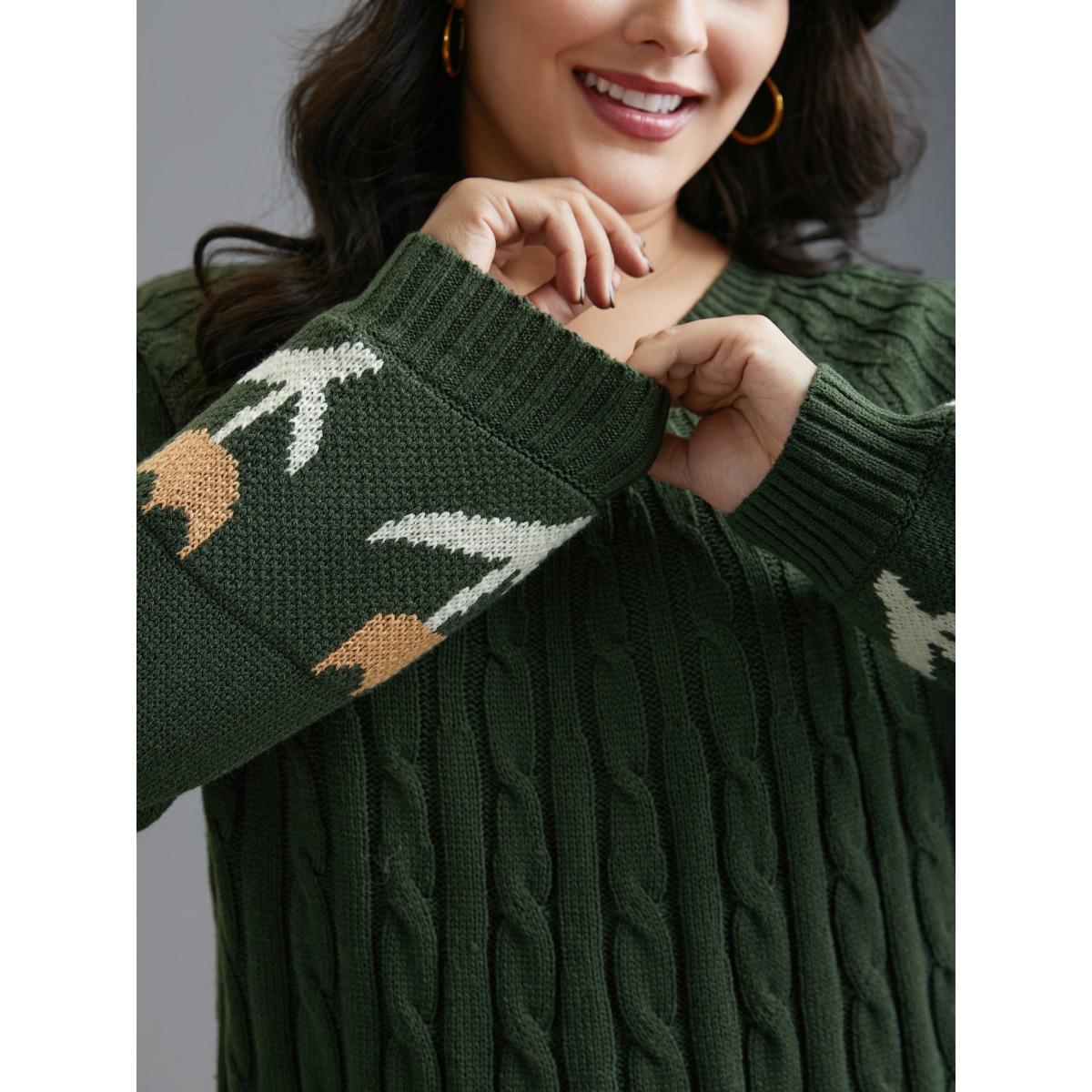 Plus Size Cable Knit Floral Ribbed Hem Pullover ArmyGreen Women Casual Loose Long Sleeve Round Neck Everyday Pullovers BloomChic 12/L Product Image