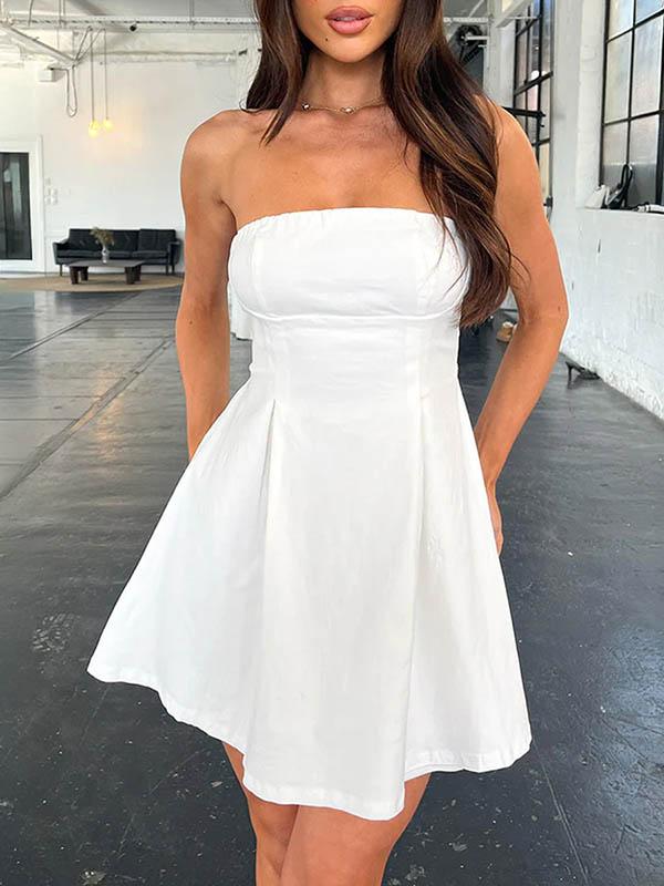 A-Line Loose Backless Pleated Solid Color Split-Joint Tied Tube Mini Dresses Product Image