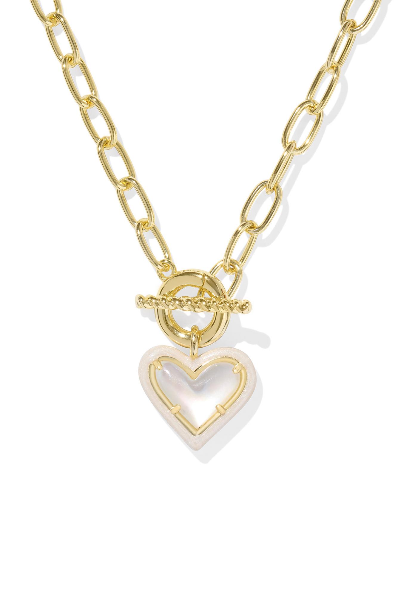 Ari Heart Gold Enamel Frame Link And Chain Necklace Ivory Mother Of Pearl Product Image