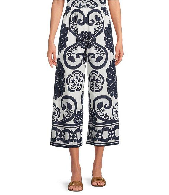 Trina Turk Estella Coordinating Border Print Clip Jacquard Flat Front Wide Leg Crop Pants Product Image