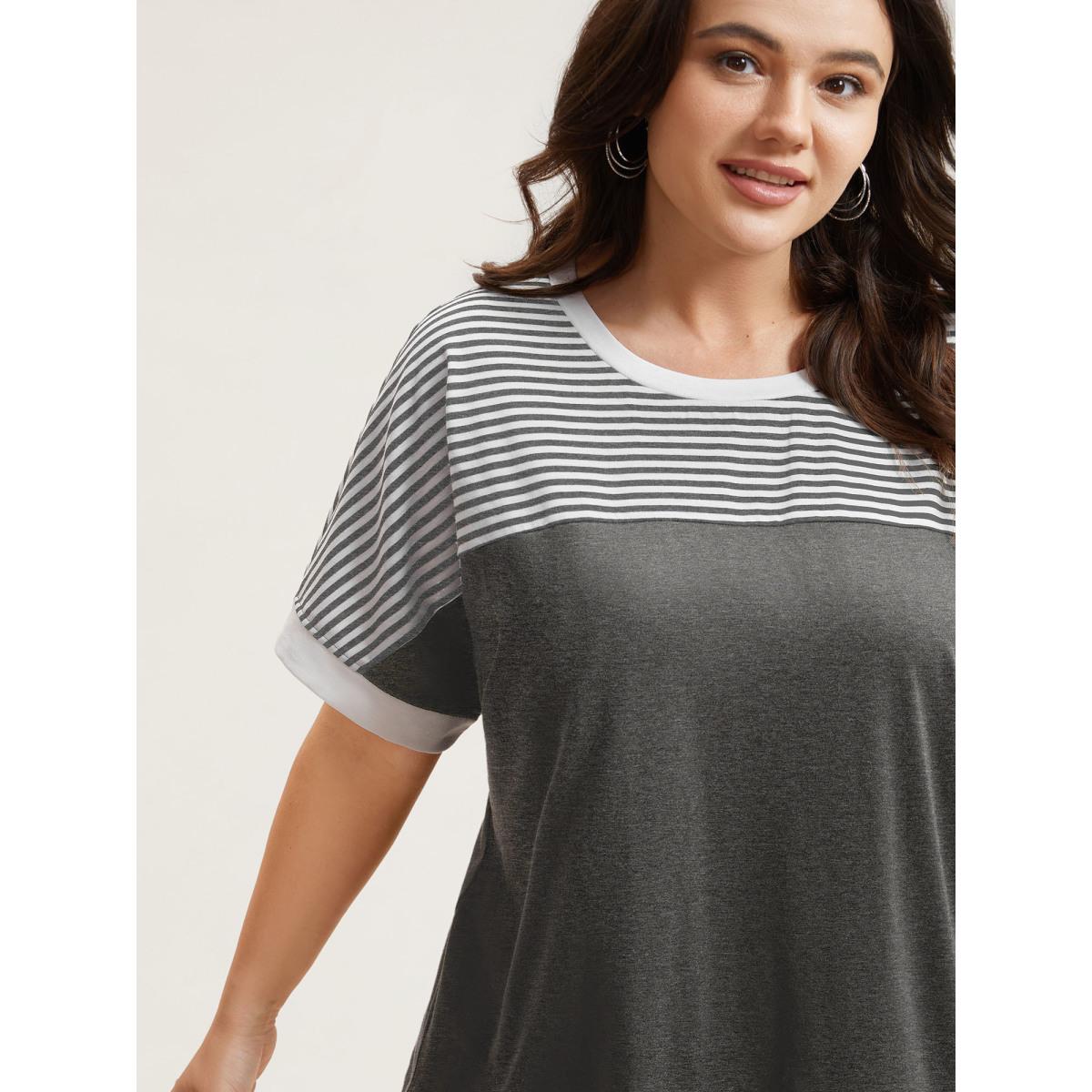 Plus Size Solid and Striped Contrast Hem T-Shirt DarkGray Women Leisure Contrast Round Neck Casual T-shirts BloomChic 30/6X Product Image