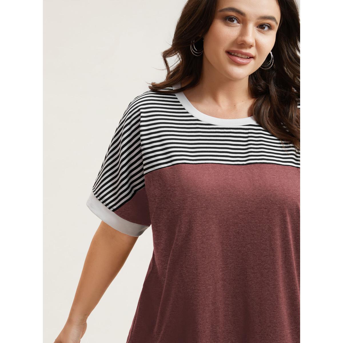 Plus Size Solid and Striped Contrast Hem T-Shirt Russet Women Casual Contrast Round Neck Everyday T-shirts BloomChic 18-20/2X Product Image