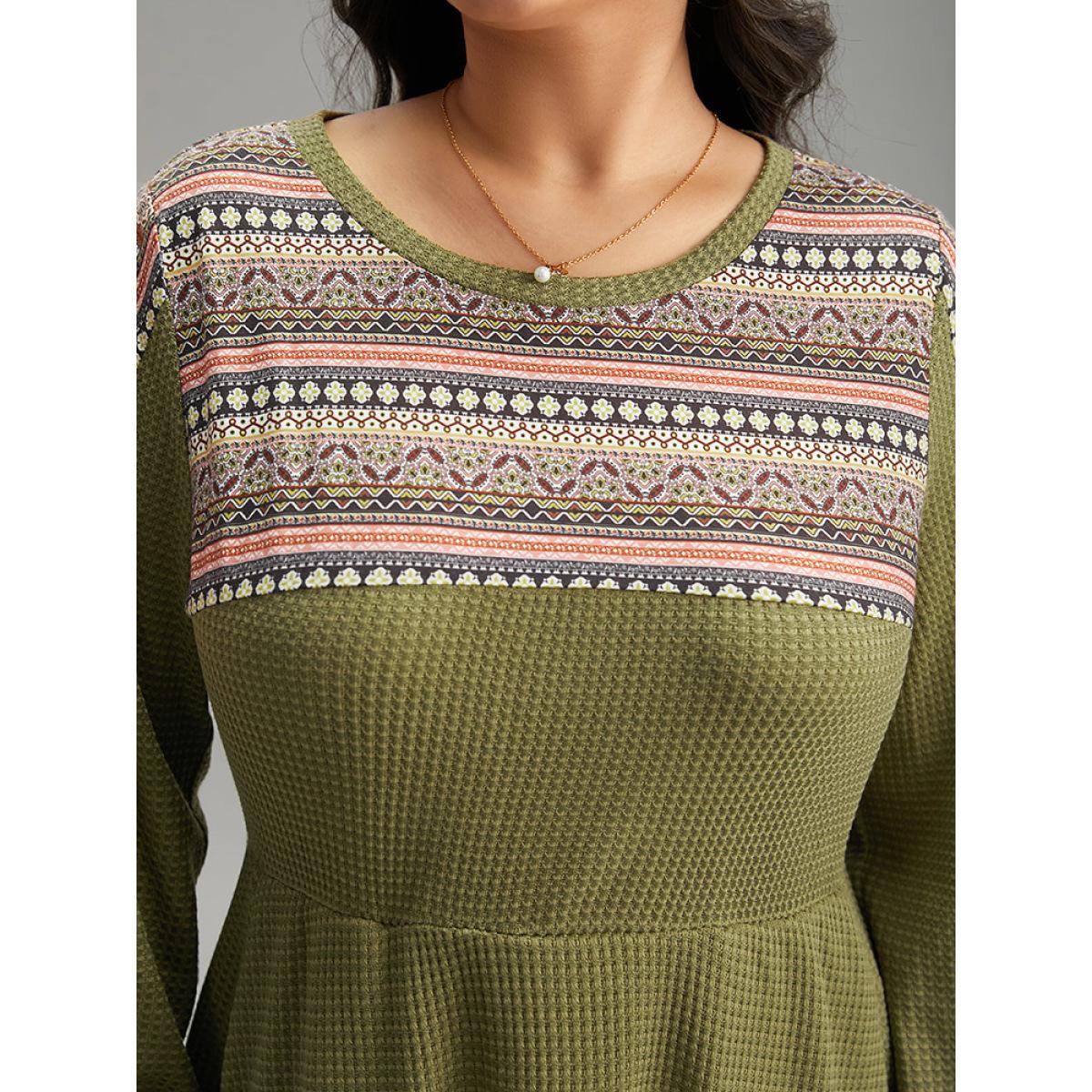 Plus Size Boho Print Striped Patchwork Waffle Knit Dress ArmyGreen Women Casual Waffle Knit Round Neck Long Sleeve Curvy Midi Dress BloomChic 26/4X Product Image