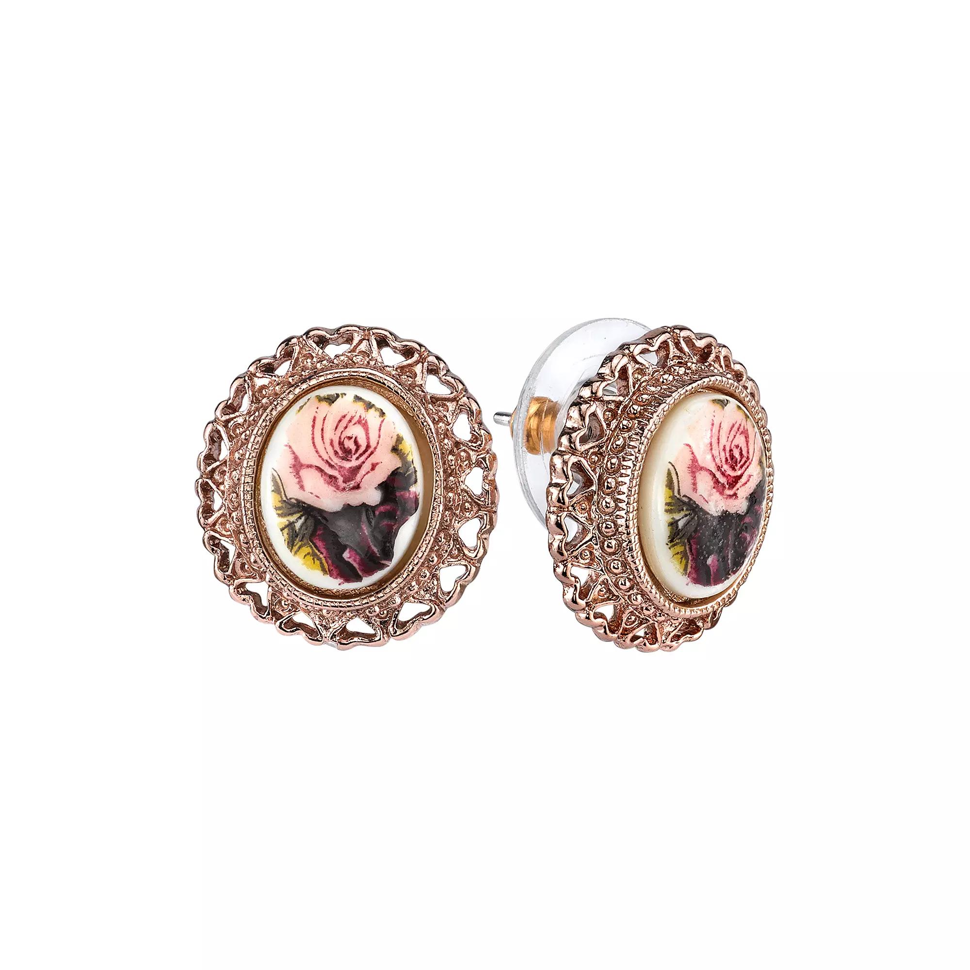 1928 Flower & Heart Button Stud Earrings, Women's, Rose Gold Tone Product Image