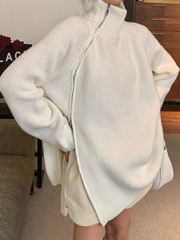 Solid Zip Up High Neck Knit Cardigan Product Image