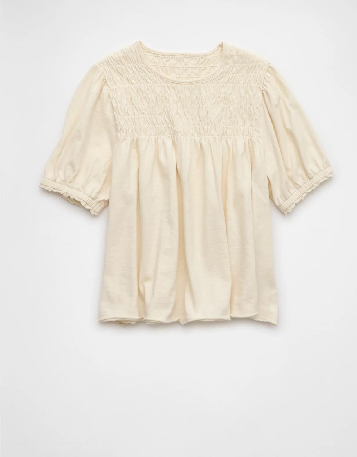 AE Sunchaser Knit Puff Sleeve Smocked T-Shirt Product Image