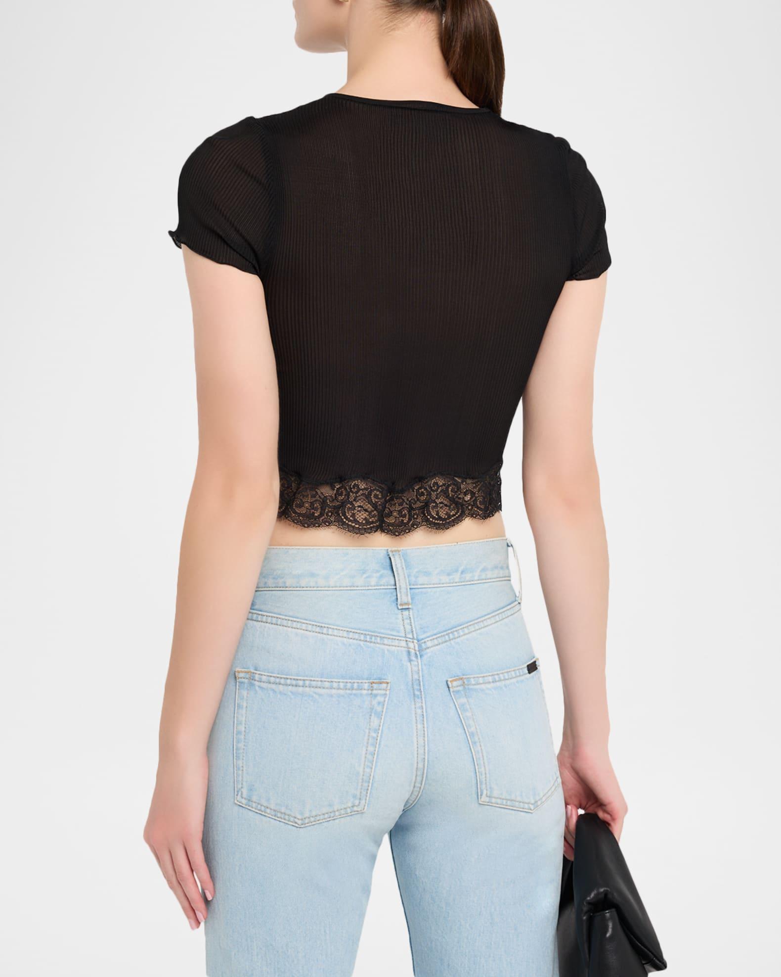 Lace-Trim Short-Sleeve Crop T-Shirt Product Image