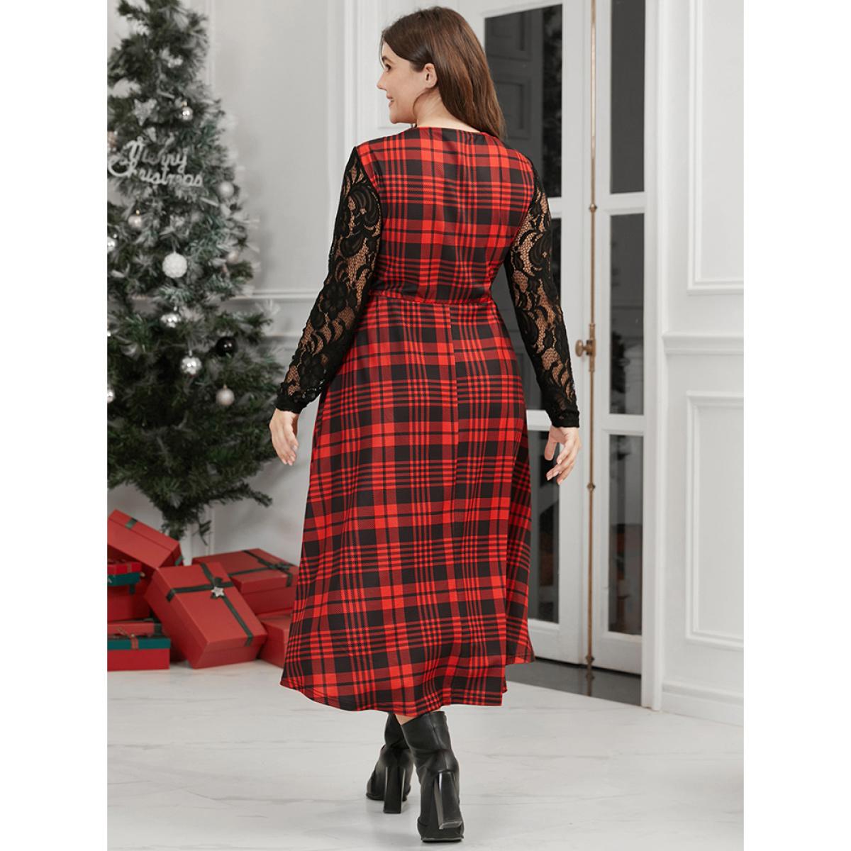 Plus Size Plaid Pocket Contrast Lace V Neck Midi Dress Red Women Elegant Patchwork V-neck Long Sleeve Curvy Midi Dress BloomChic 10/M Product Image