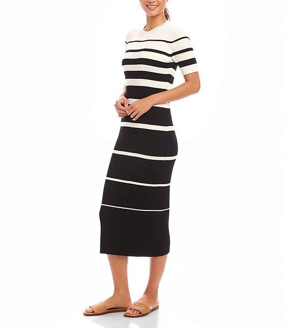 Karen Kane Crew Neck Short Sleeves Stripe Ribbed Sweater Midi Dress Product Image