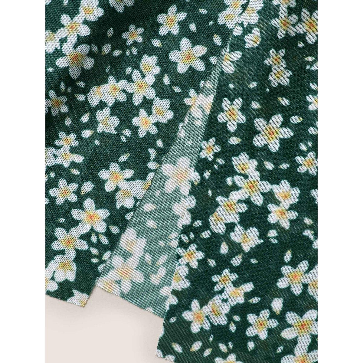 Plus Size Overlap Collar Ditsy Floral Slit Hem Swim Dress Women's Swimwear DarkGreen Beach Bodycon Overlap Collar High stretch Curve Swim Dresses BloomChic 12/L Product Image