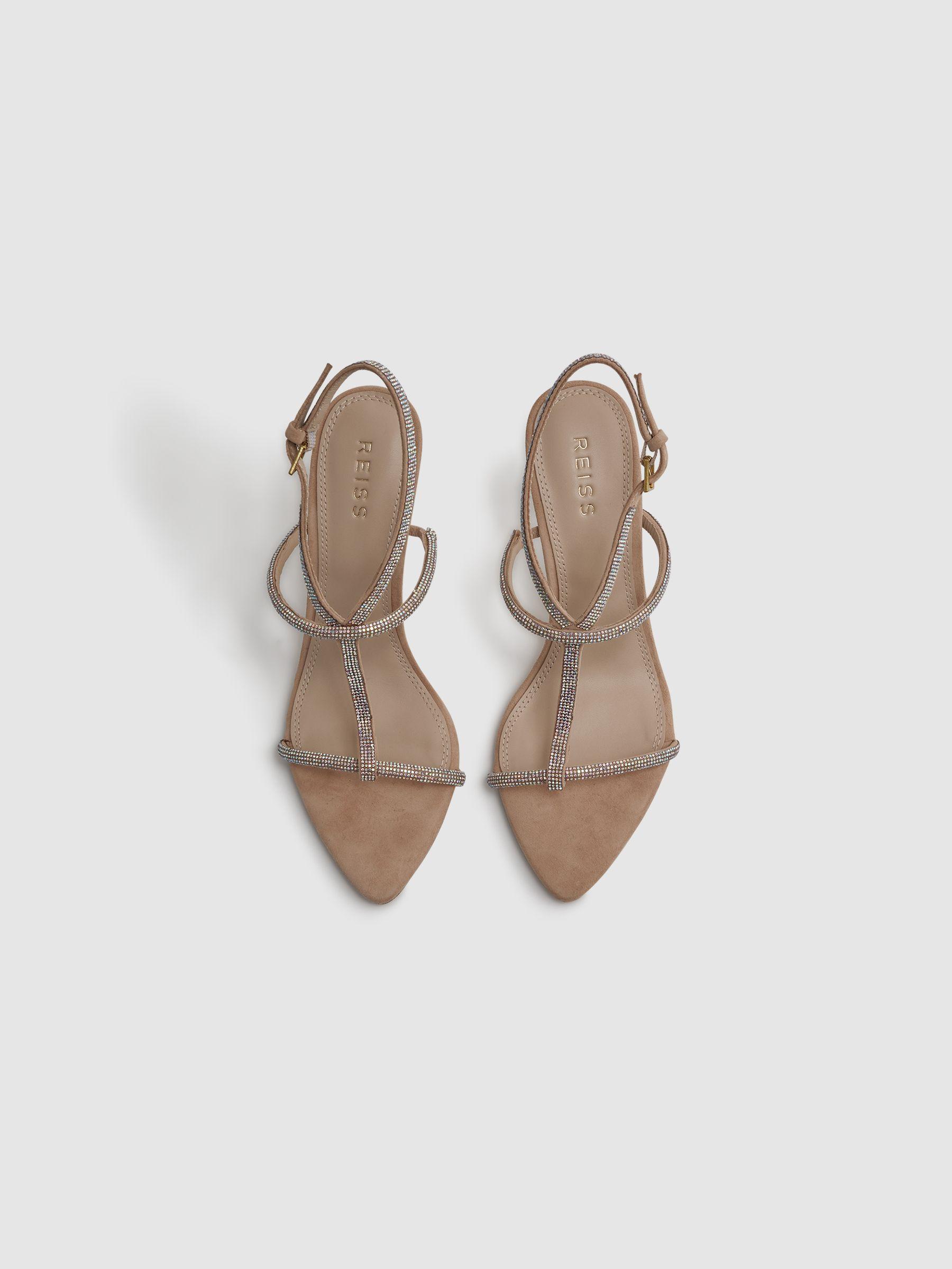 Embellished Suede Heeled Sandals in Nude Product Image