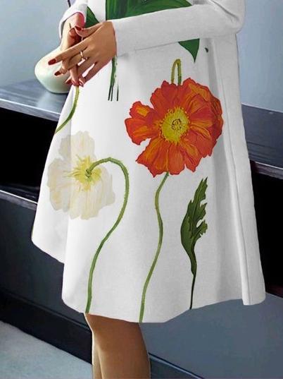 Long Sleeves Loose Flower Print High Neck Midi Dresses Product Image