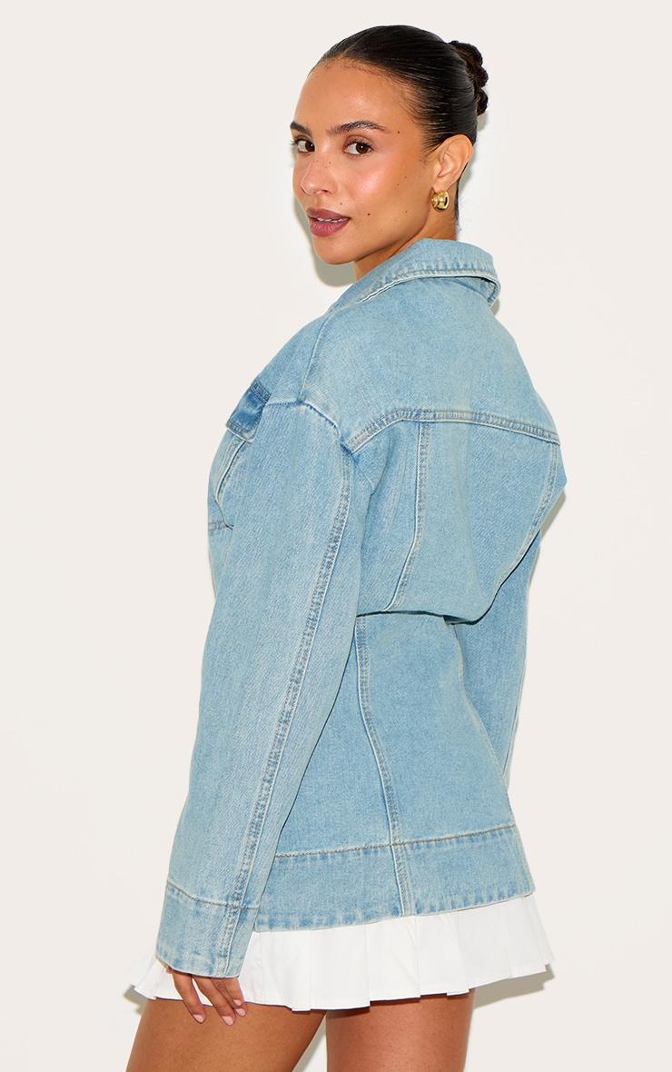 Petite Light Blue Denim Fitted Mini Dress With Pleat Details Product Image