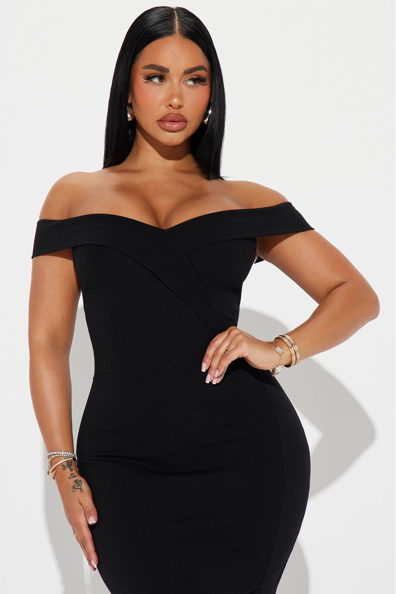 Eloise Off Shoulder Body Sculpting Midi Dress - Black Product Image