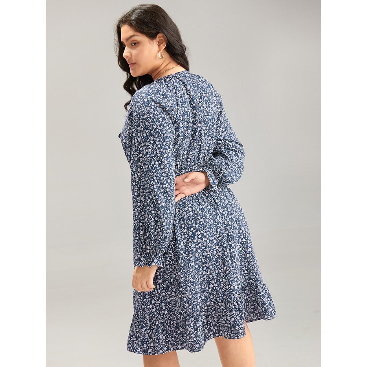 Plus Size Ditsy Floral Flutter Trim Shirred Knot Neck Dress Stone Women Elegant Cross straps Tie Neck Long Sleeve Curvy Knee Dress BloomChic 10/M Product Image