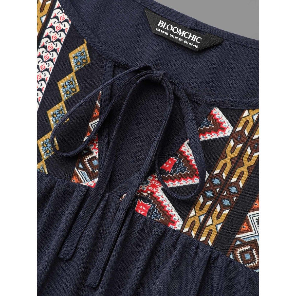 Plus Size Indigo Bandana Print Patchwork Ties Blouse Women Resort Long Sleeve Non Vacation Blouses BloomChic 18-20/2X Product Image