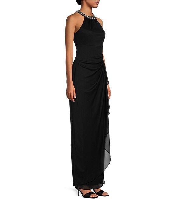 Alex Evenings Petite Size Sleeveless Beaded Halter Neck Cascade Ruffle Gown Product Image