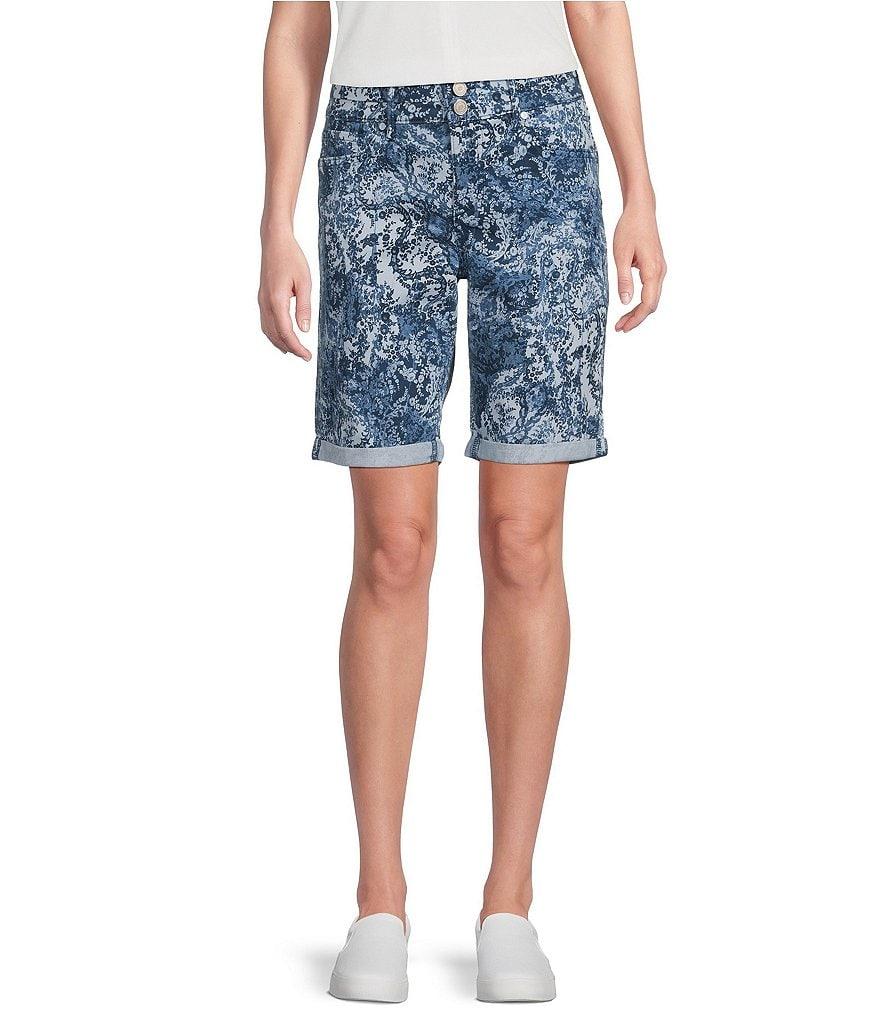 Code Bleu Stretch Denim Paisley Lace Soho High Rise Stacked Waist Double Button Bermuda Shorts Product Image