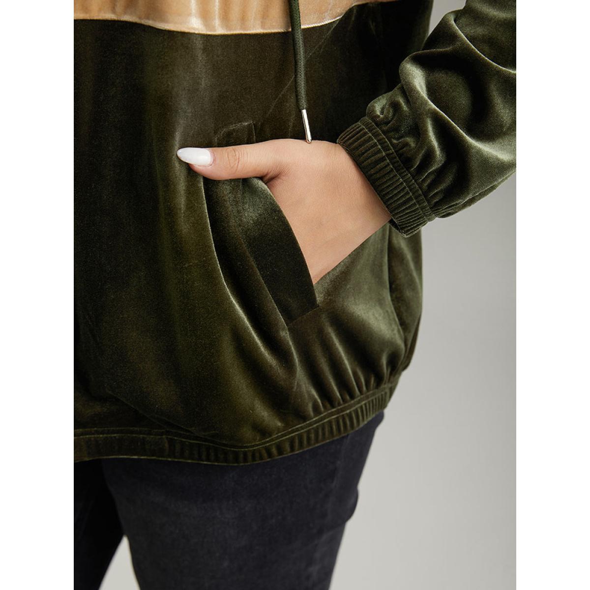 Plus Size Velvet Contrast Hooded Slant Pocket Jacket Women ArmyGreen Velvet Pocket Dailywear Jackets BloomChic 30/6X Product Image