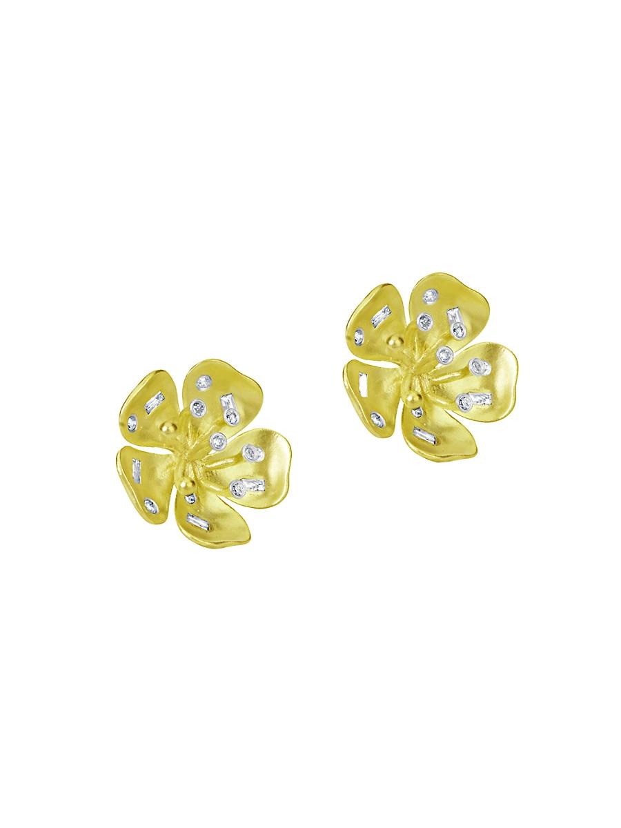 Womens 14K Yellow Gold & Diamond Flower Stud Earrings Product Image