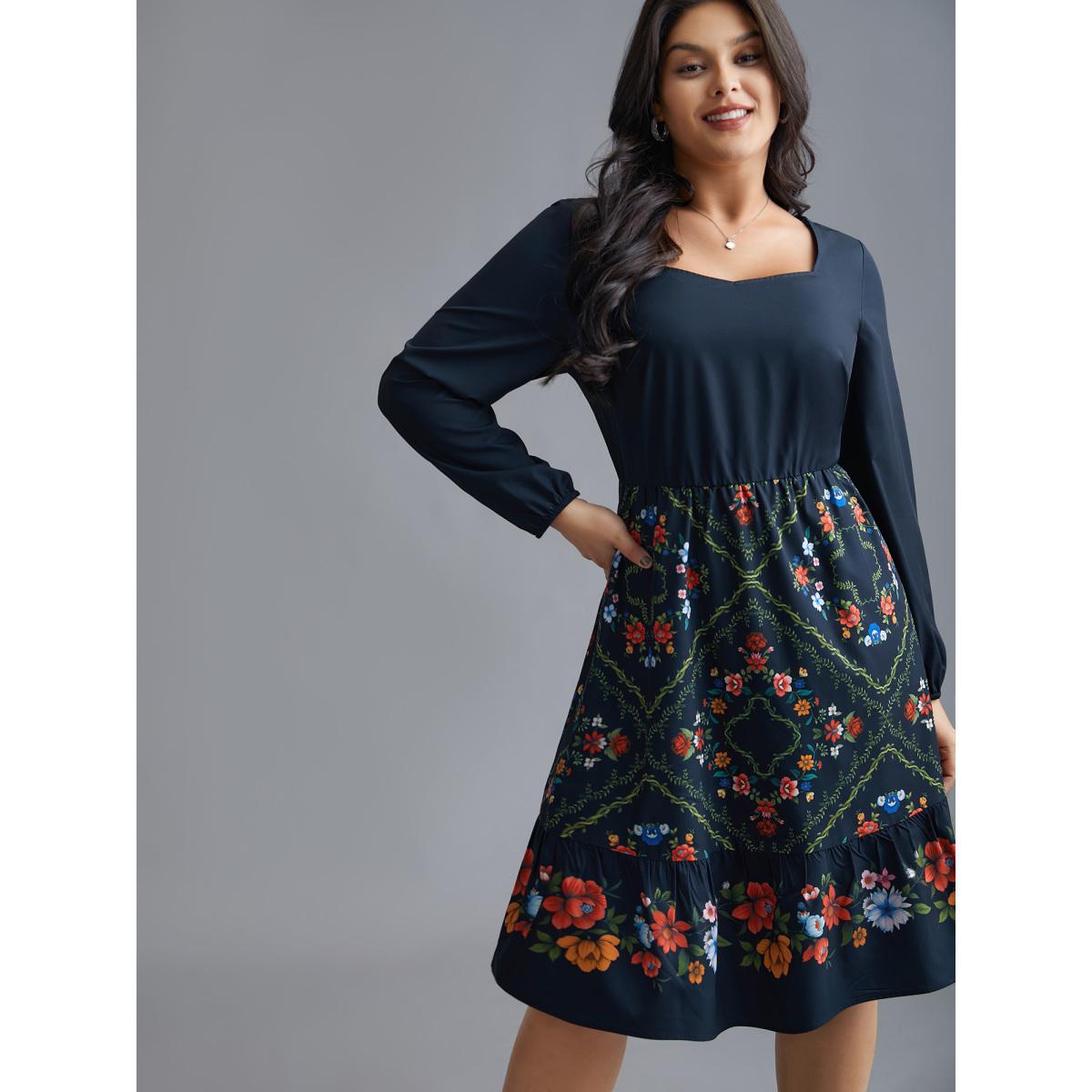 Plus Size Floral Printed Heart neckline Lantern Sleeve Dress DarkBlue Women Elegant Patchwork Heart neckline Long Sleeve Curvy BloomChic 22-24/3X Product Image